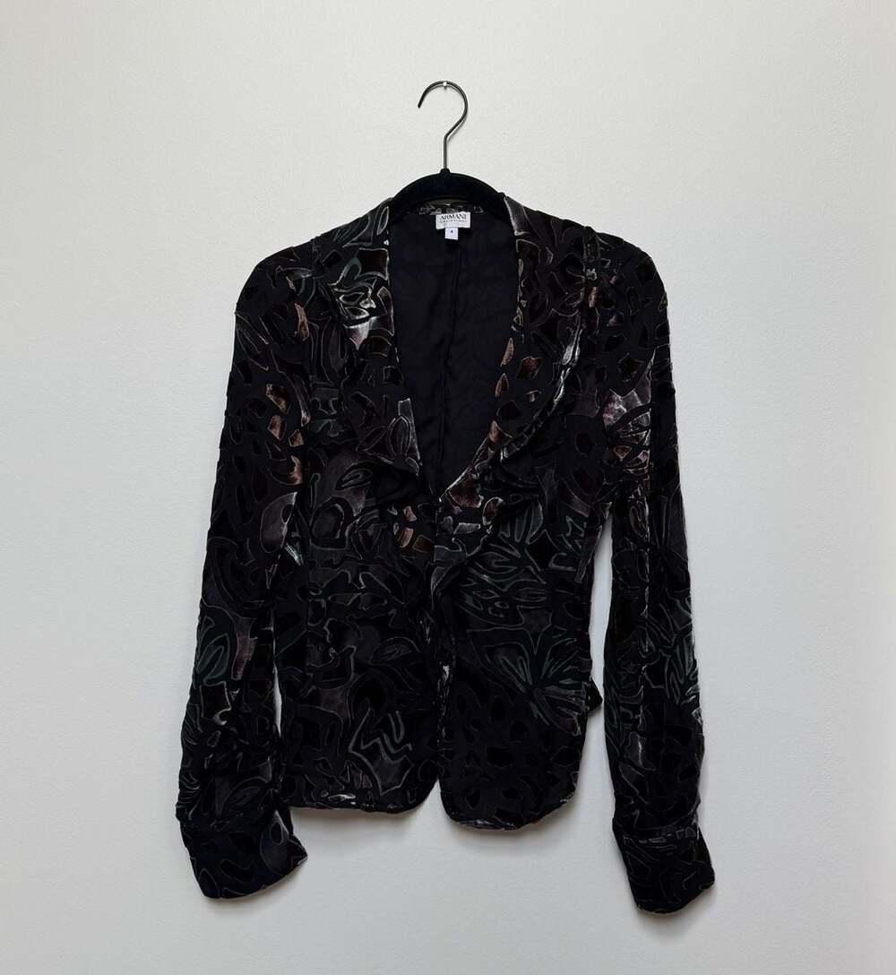 Armani Collezioni Black Velvet Embroidered ruffle v neck shirt Sz Small as is
